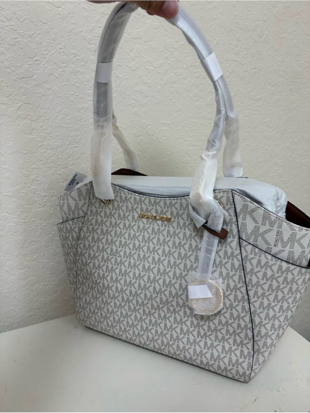 Michael Kors Cream/White MK Signature Tote with Gold Logo